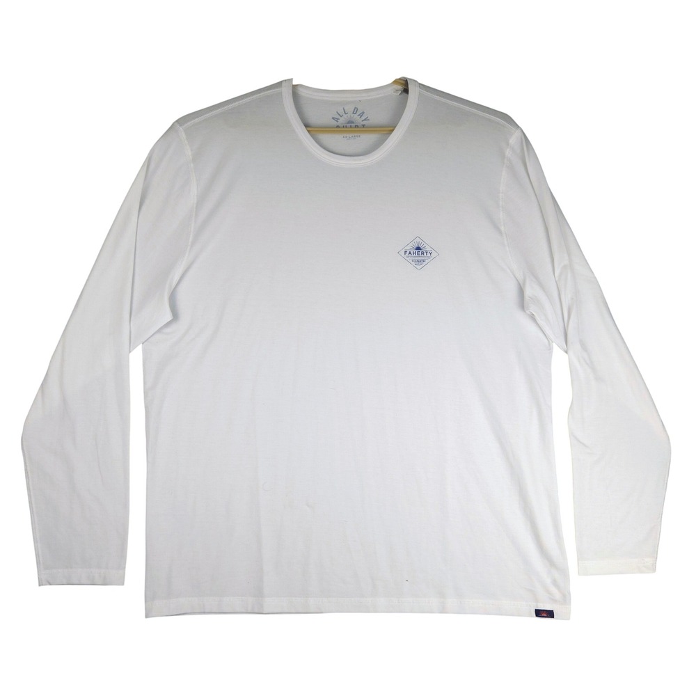 Faherty All Day Shirt Mens XXL White Long Sleeve Crewneck Tee Diamond Logo